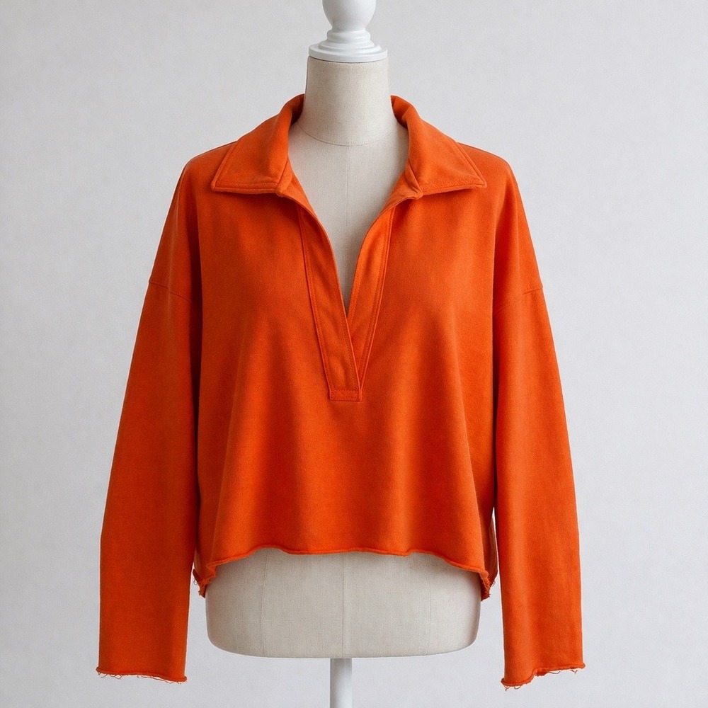 FP Movement Free People Women's M Orange V-Neck Collared Cropped Sweatshirt
